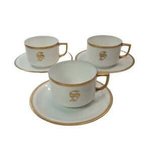 Lot of 3 Thomas Cups and Saucers Monogrammed “S” Bavarian China White and Gold